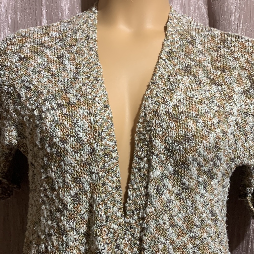 Chico's Sweater Cardigan Open Front Green Brown Cream Size 1 M Short Sleeve - Picture 3 of 14